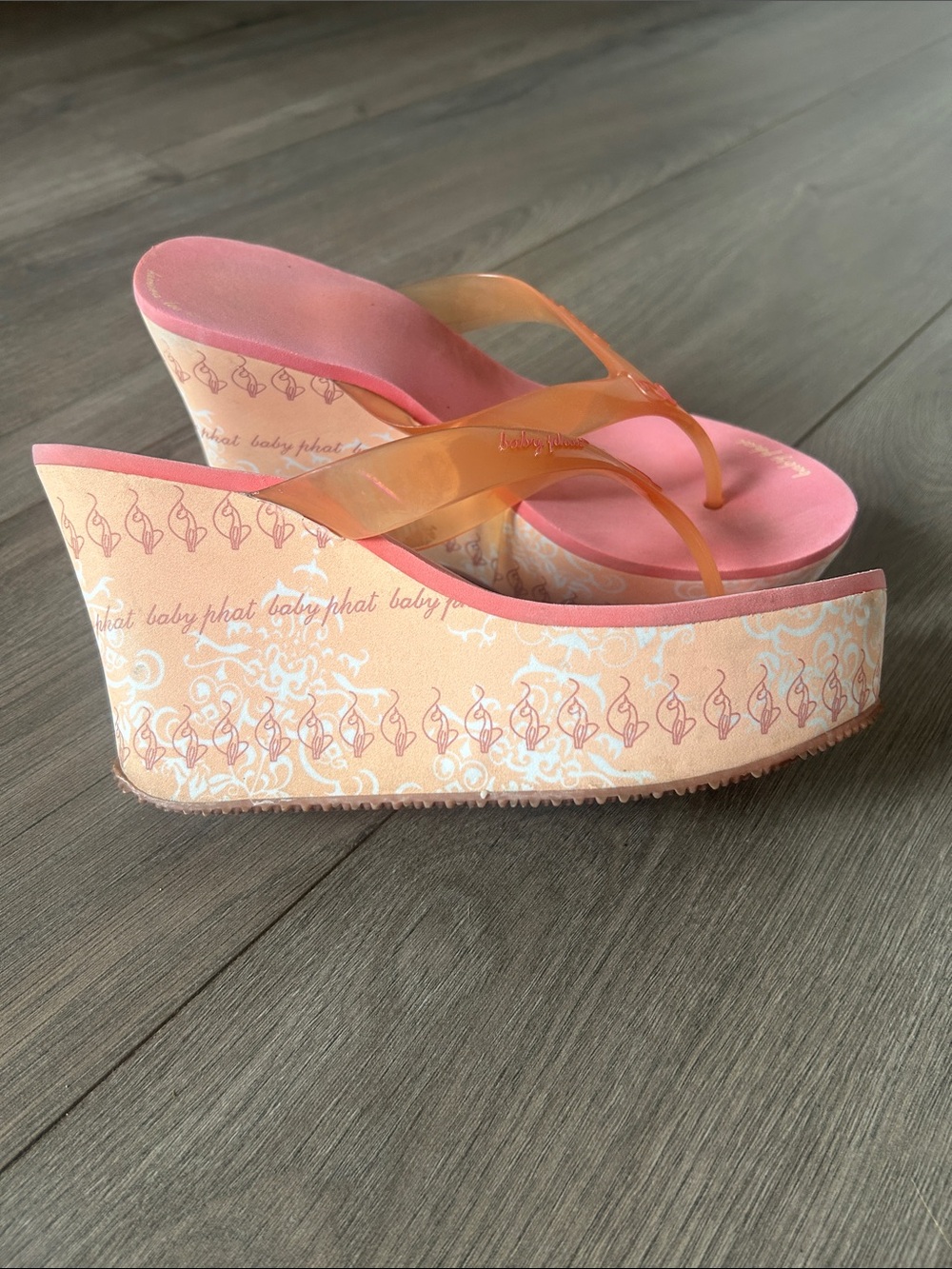 Vintage Baby Phat Platform Wedge Flip Flops Pink Orange Y2K McBling